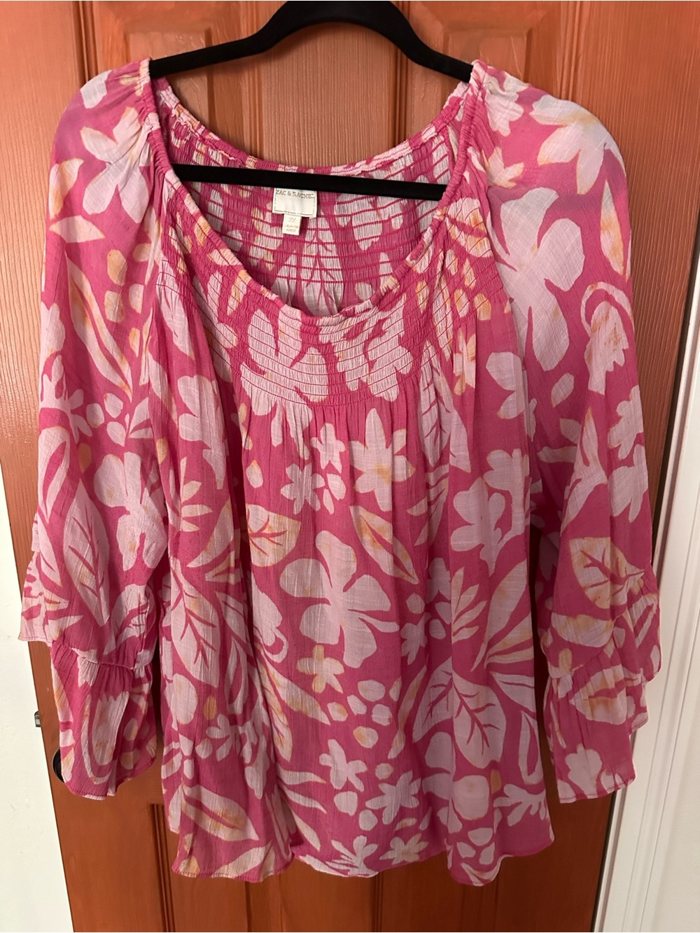 Women’s Zac & Rachel Pink Floral Peasant Blouse with Cream Accents